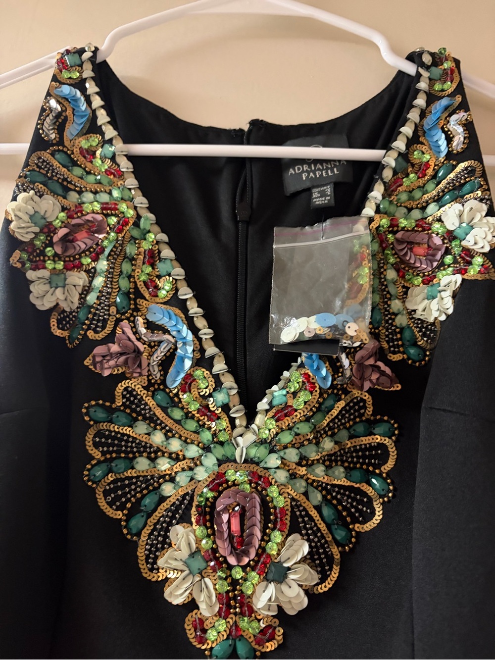 Adrianna Papell Black V-Neck Dress with Multicolor Bead & Sequin Embellishment